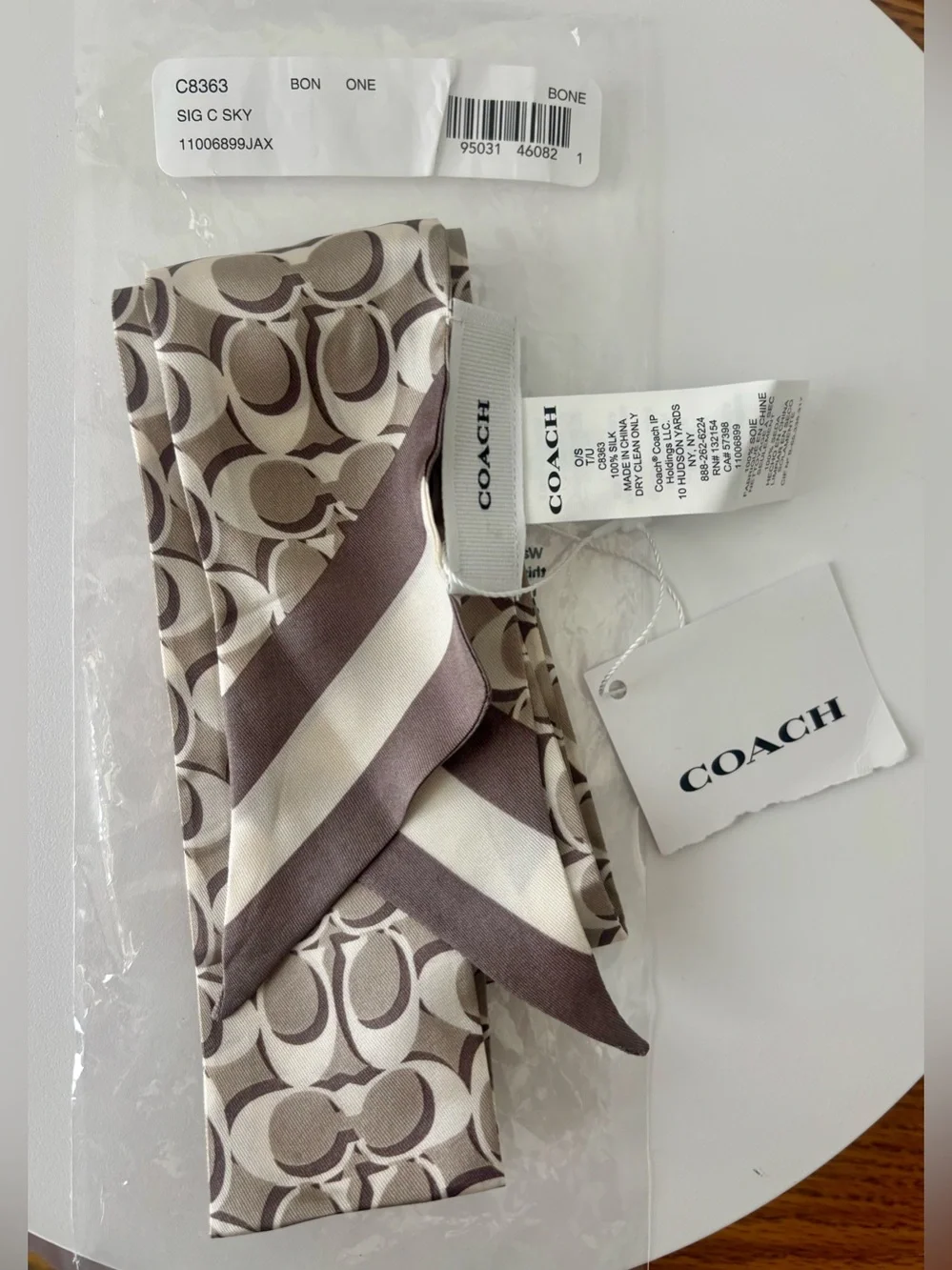 Coach NWT Signature “C” Silk Skinny Scarf, Bone/Ivory, Brand New in Bag